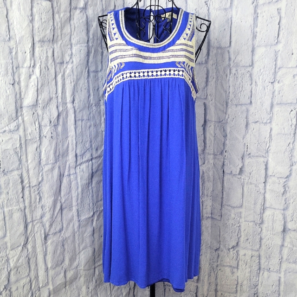 Ya Los Angeles Blue and White Embroidered And Crochet‎ Mini Dress L